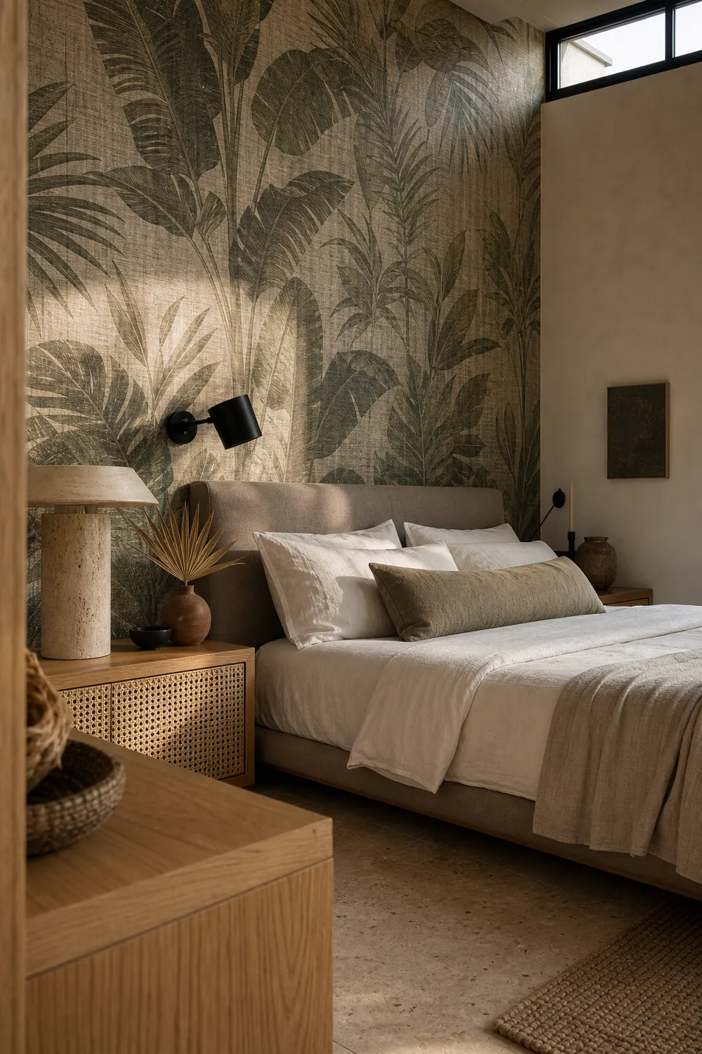 Tropical modern bedroom with textured leaf wallpaper and natural materials