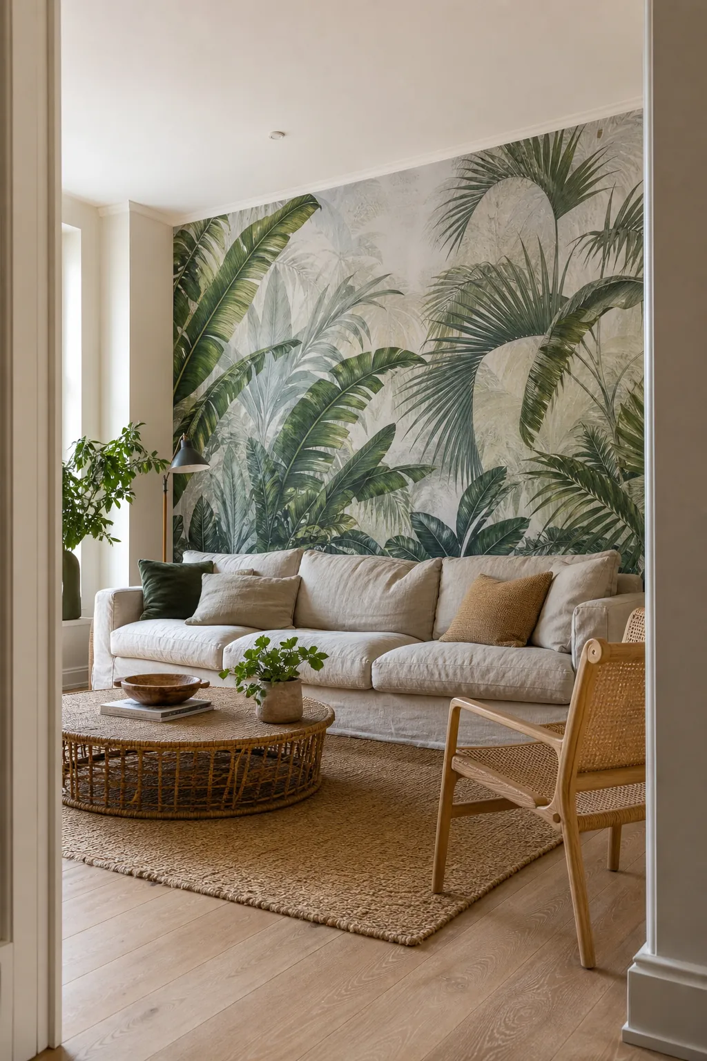 Tropical wall mural on a living room feature wall with neutral furniture