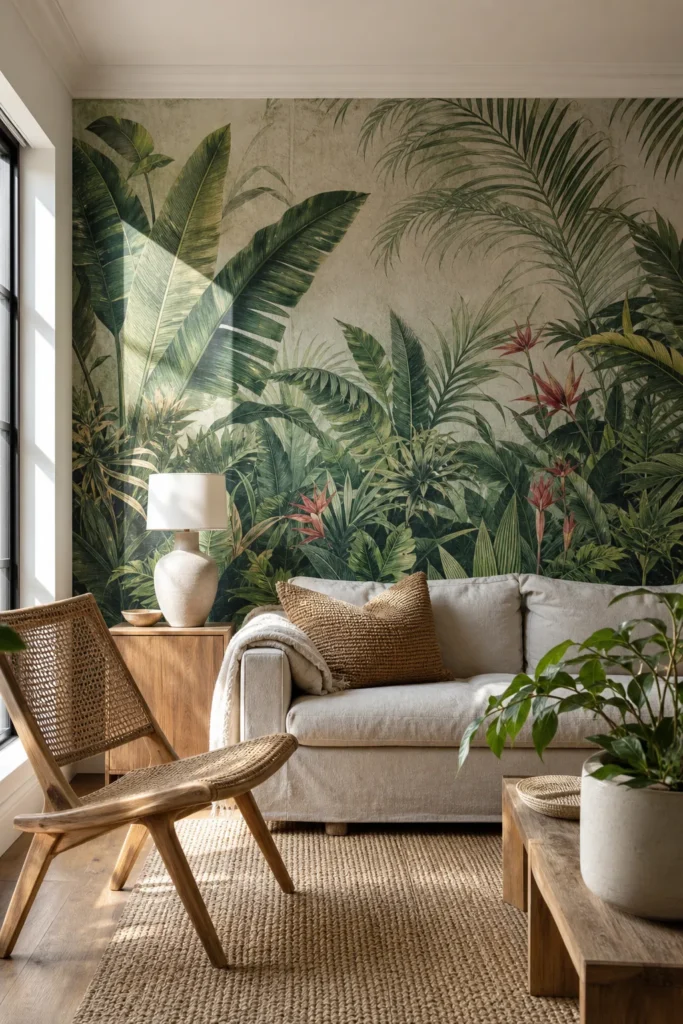 Lush tropical wall mural in a realistic living room with natural textures