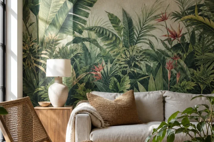 Lush tropical wall mural in a realistic living room with natural textures