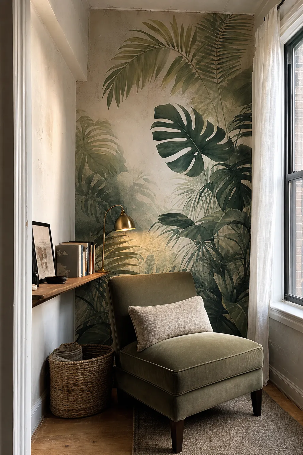 Large scale tropical plant mural wall in a compact reading nook