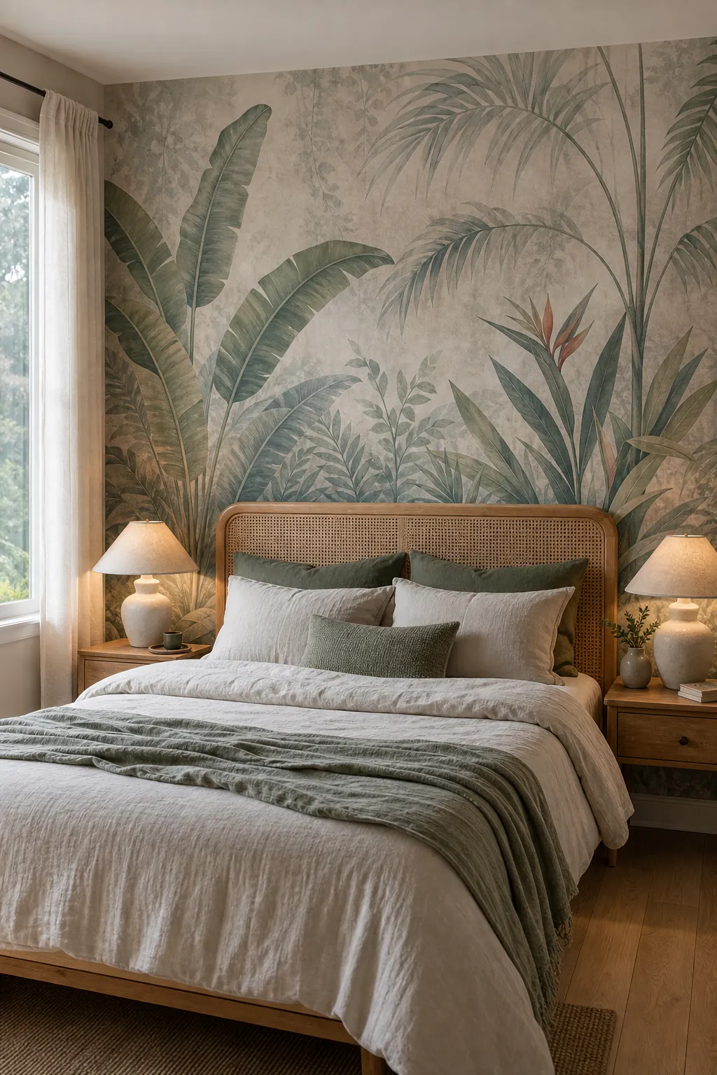 Calm tropical wallpaper bedroom with muted botanical mural behind the bed