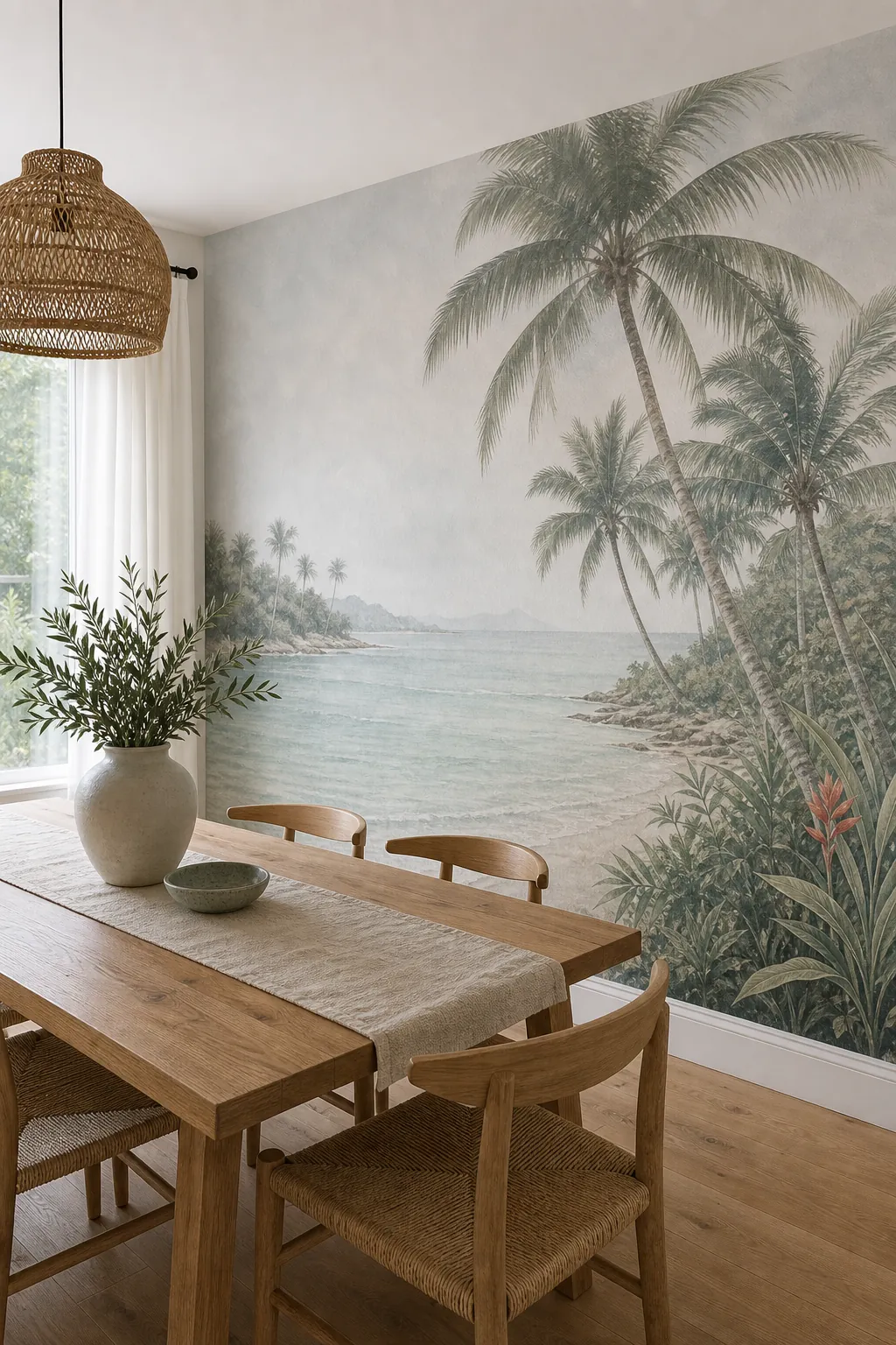 Beach wall mural in a dining room with natural wood and restrained coastal color