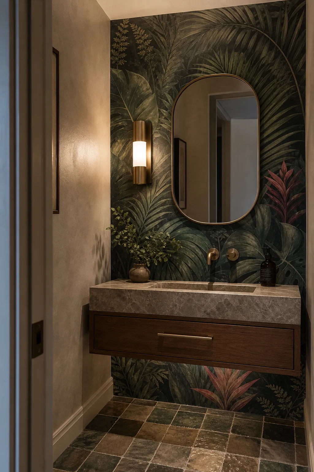 Dark botanical wall mural in a small powder room with warm lighting