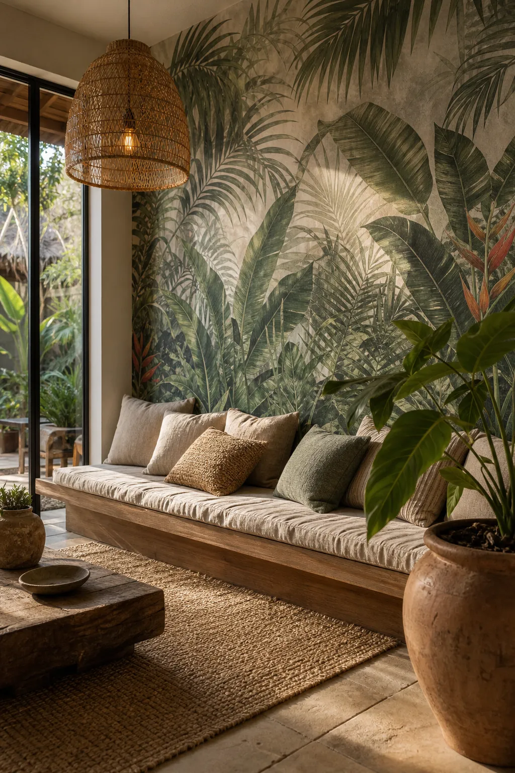 Plant mural wall styled with rattan, linen, wood, and soft green accents
