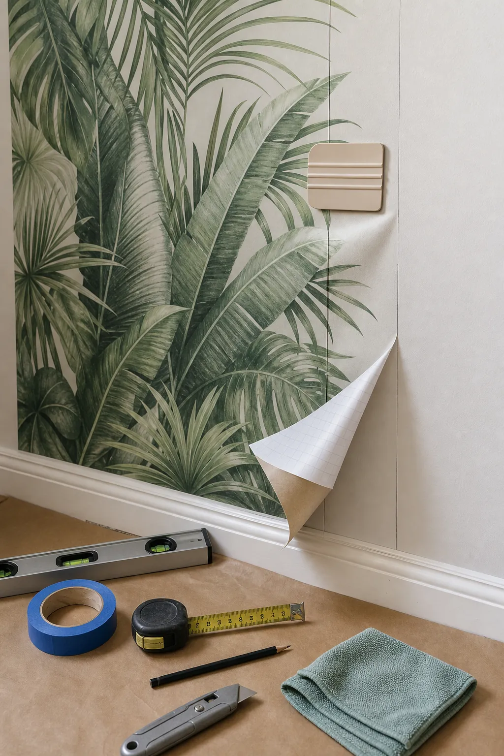 Close detail of tropical wall mural installation tools and aligned peel and stick panel