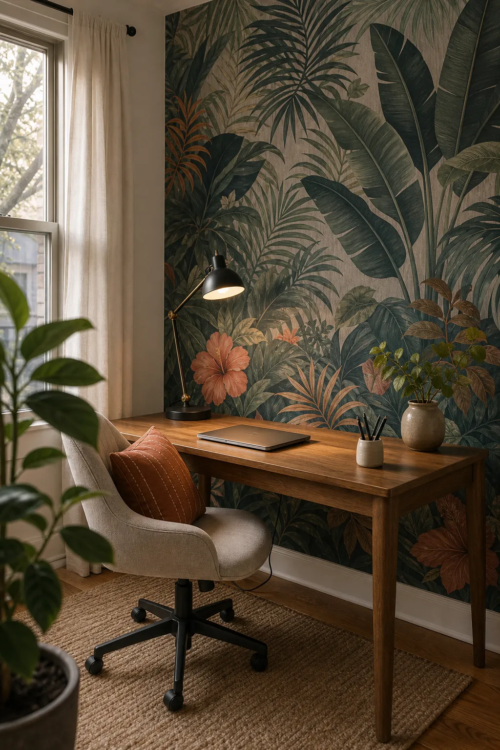 Colorful tropical mural wall in a home office styled after installation