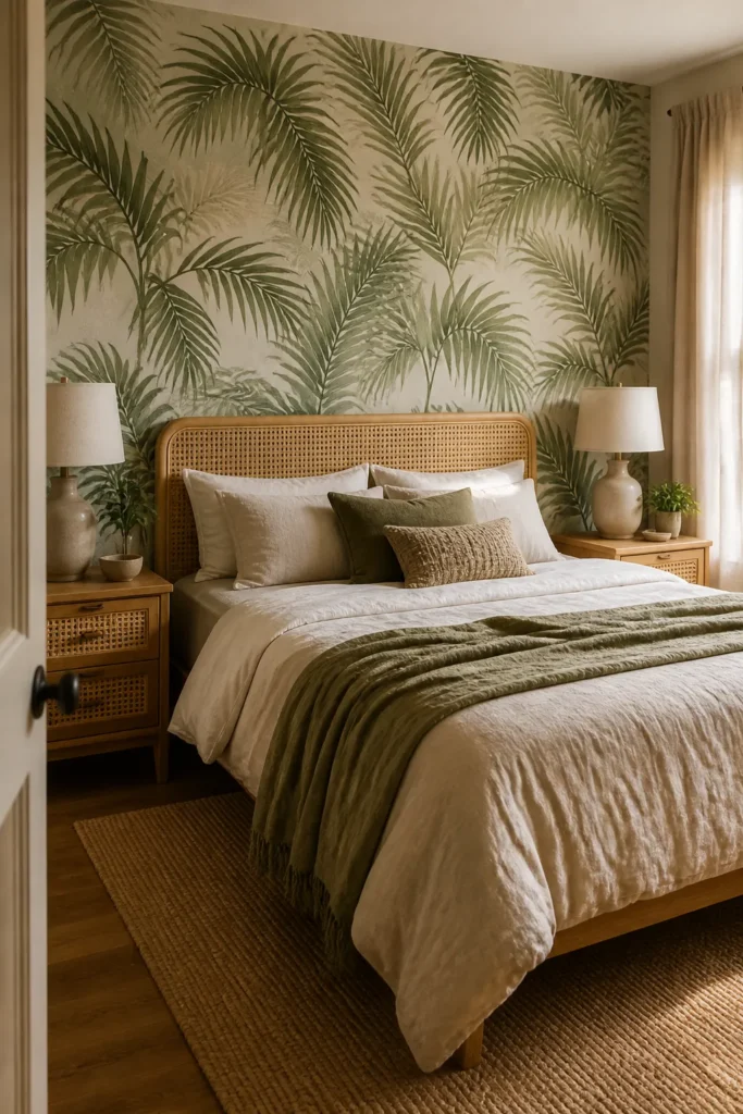 Palm leaf wallpaper bedroom with calm tropical style and natural textures