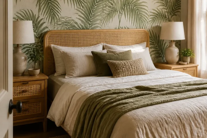 Palm leaf wallpaper bedroom with calm tropical style and natural textures