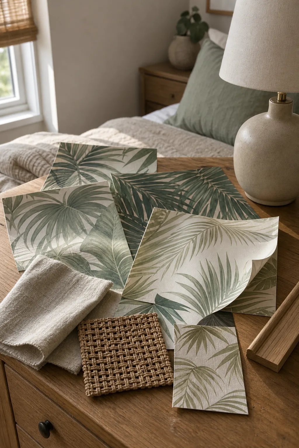 Palm leaf wallpaper bedroom mood board with green samples, rattan, linen, and warm wood