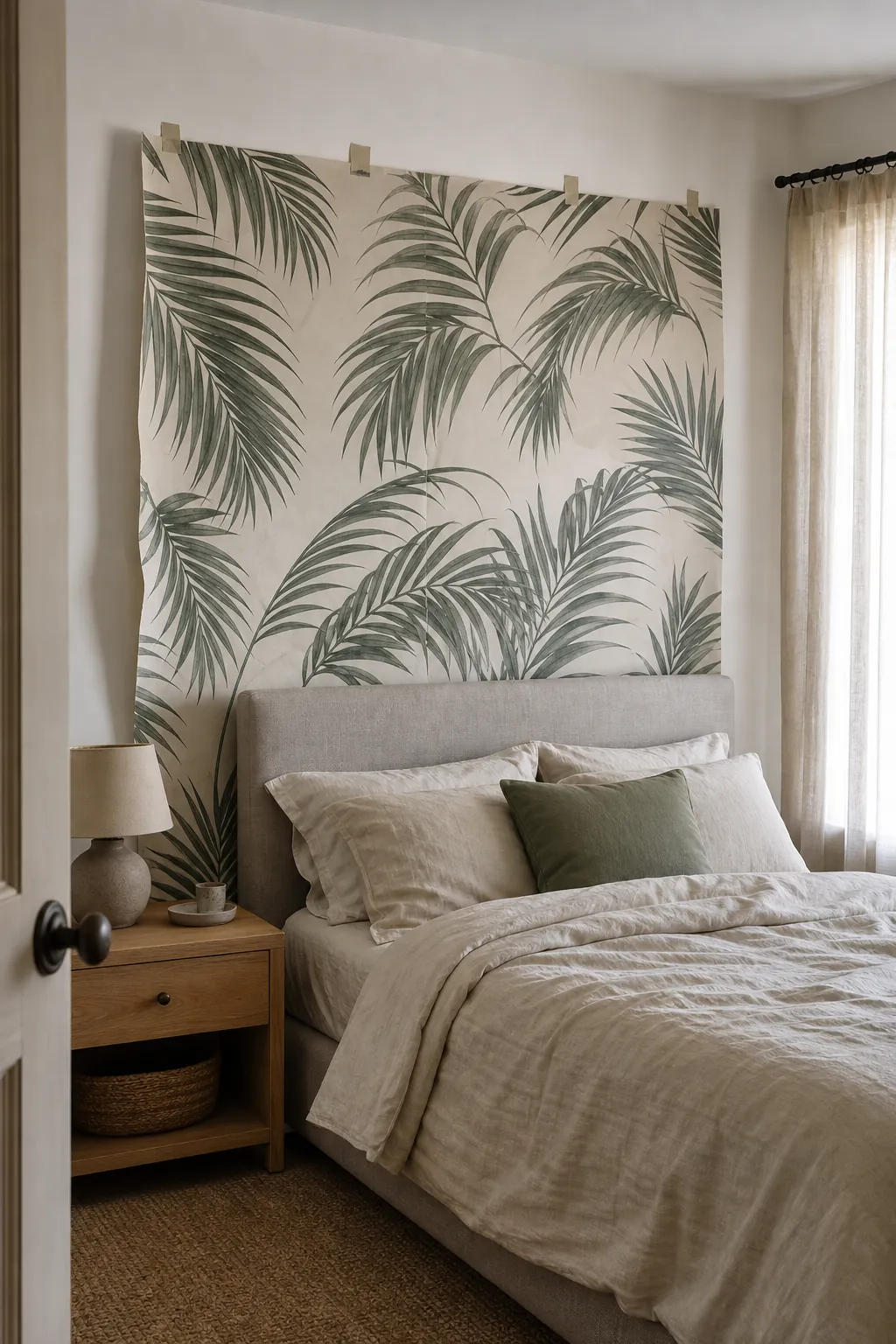 Large scale palm leaf wallpaper sample tested behind a bedroom headboard
