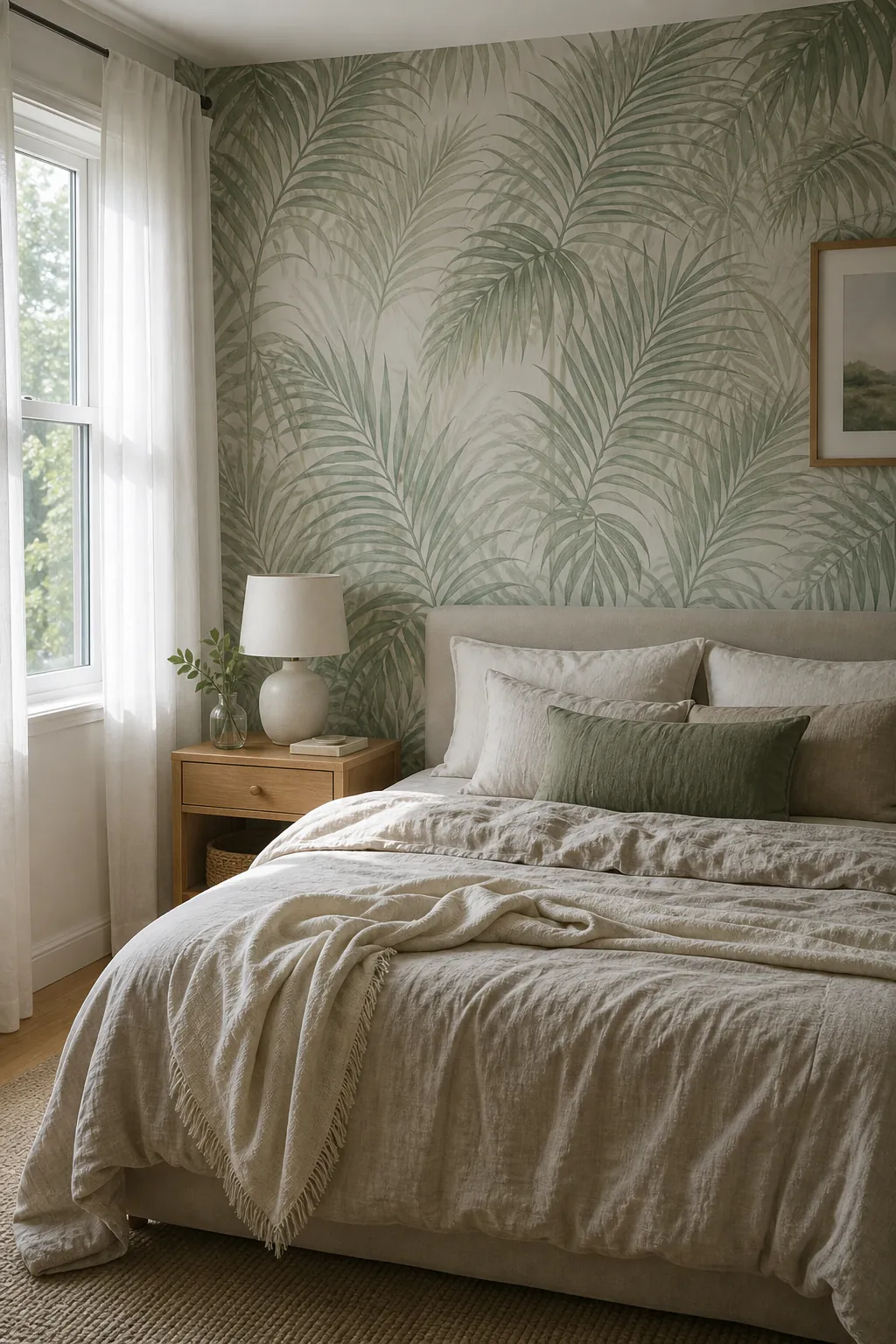 Soft green tropical wallpaper bedroom with palm leaf pattern in natural morning light