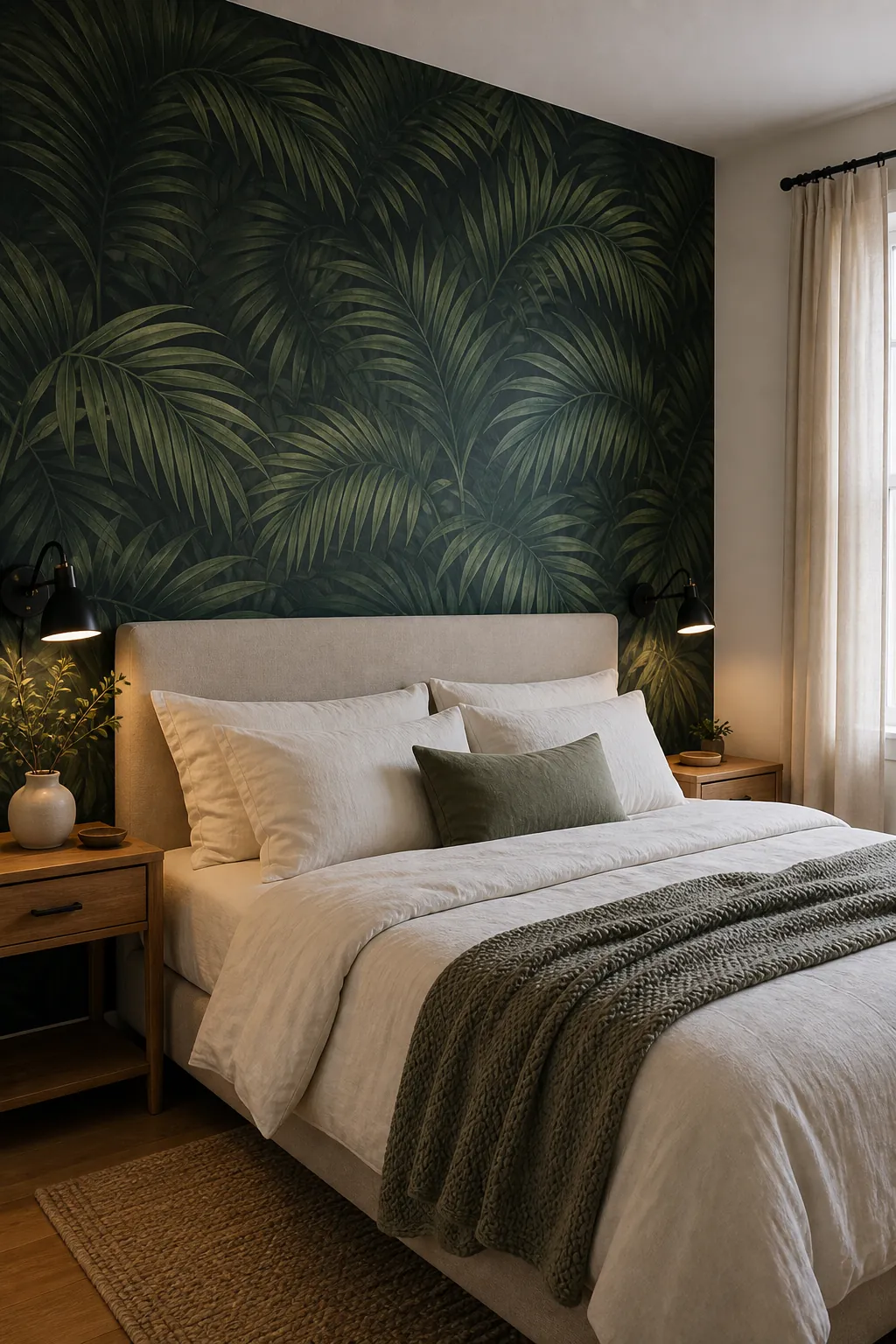 Bold palm leaf wallpaper bedroom feature wall behind a neutral bed