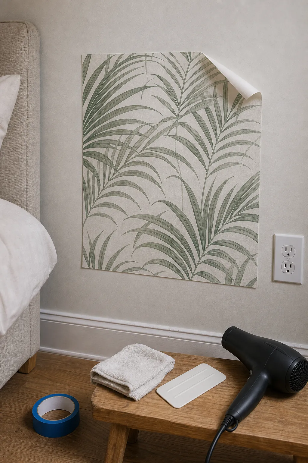 Peel and stick palm leaf wallpaper test sample on a smooth bedroom wall for renters