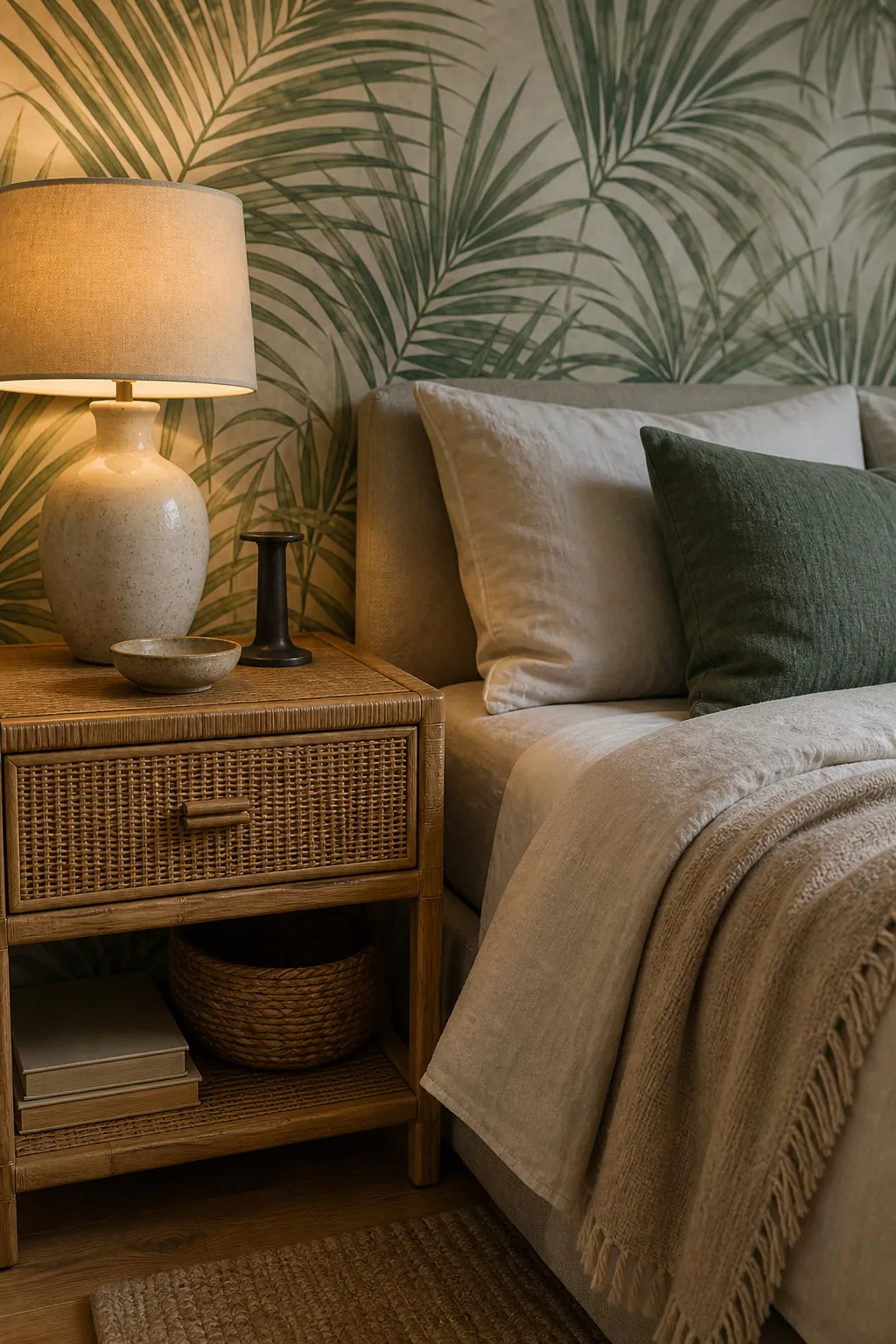 Palm leaf wallpaper bedroom styled with rattan, linen bedding, oak, and ceramic decor