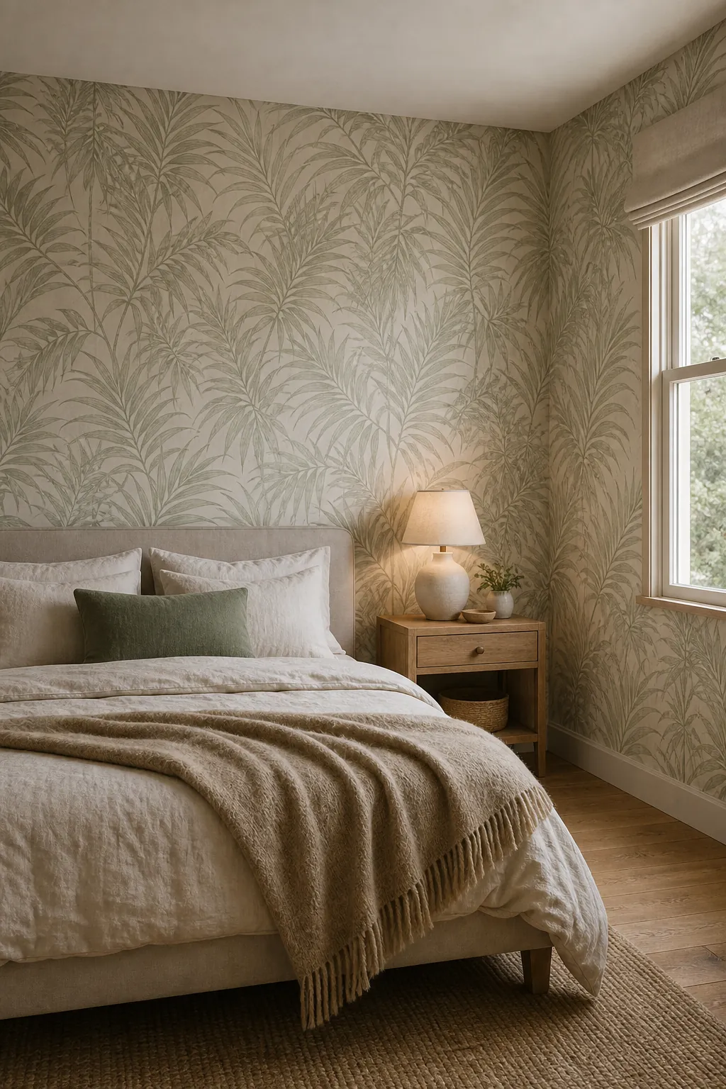 Quiet full room palm leaf wallpaper bedroom with low contrast tropical texture
