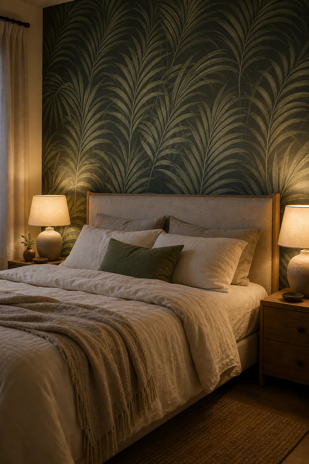 Palm leaf wallpaper bedroom at night with warm bedside lighting and calm neutral bedding