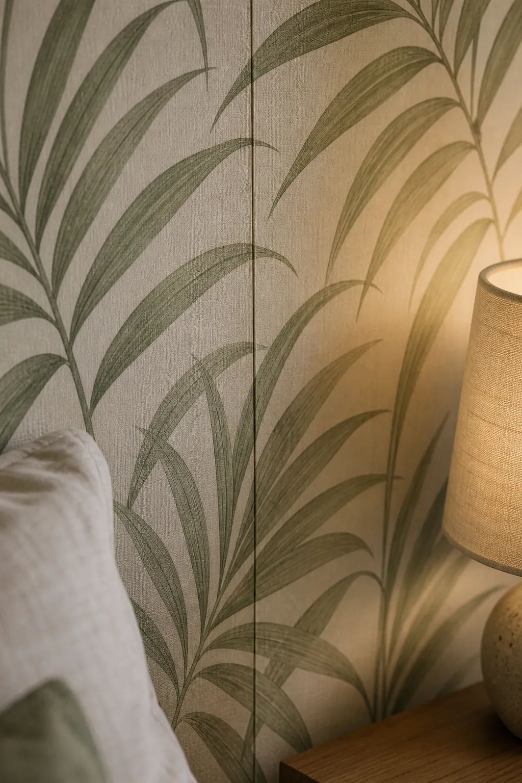 Matte tropical leaf wallpaper close-up with subtle paper texture and aligned seams