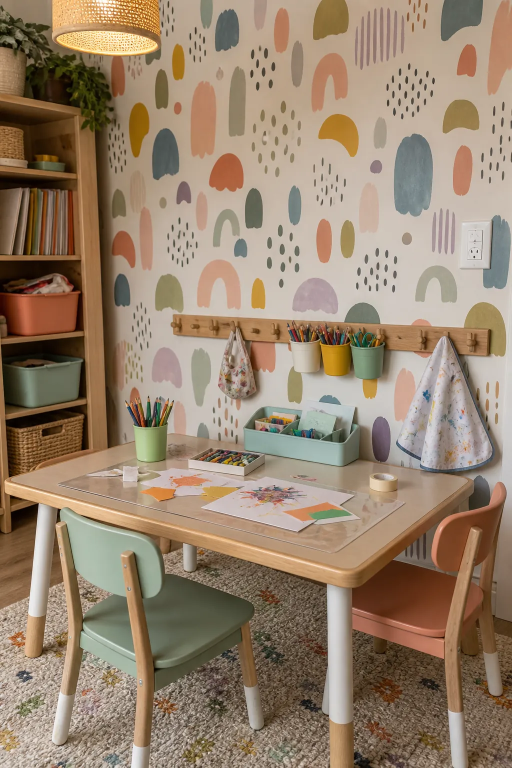 Colorful kids playroom wallpaper around a craft table and organized art supplies