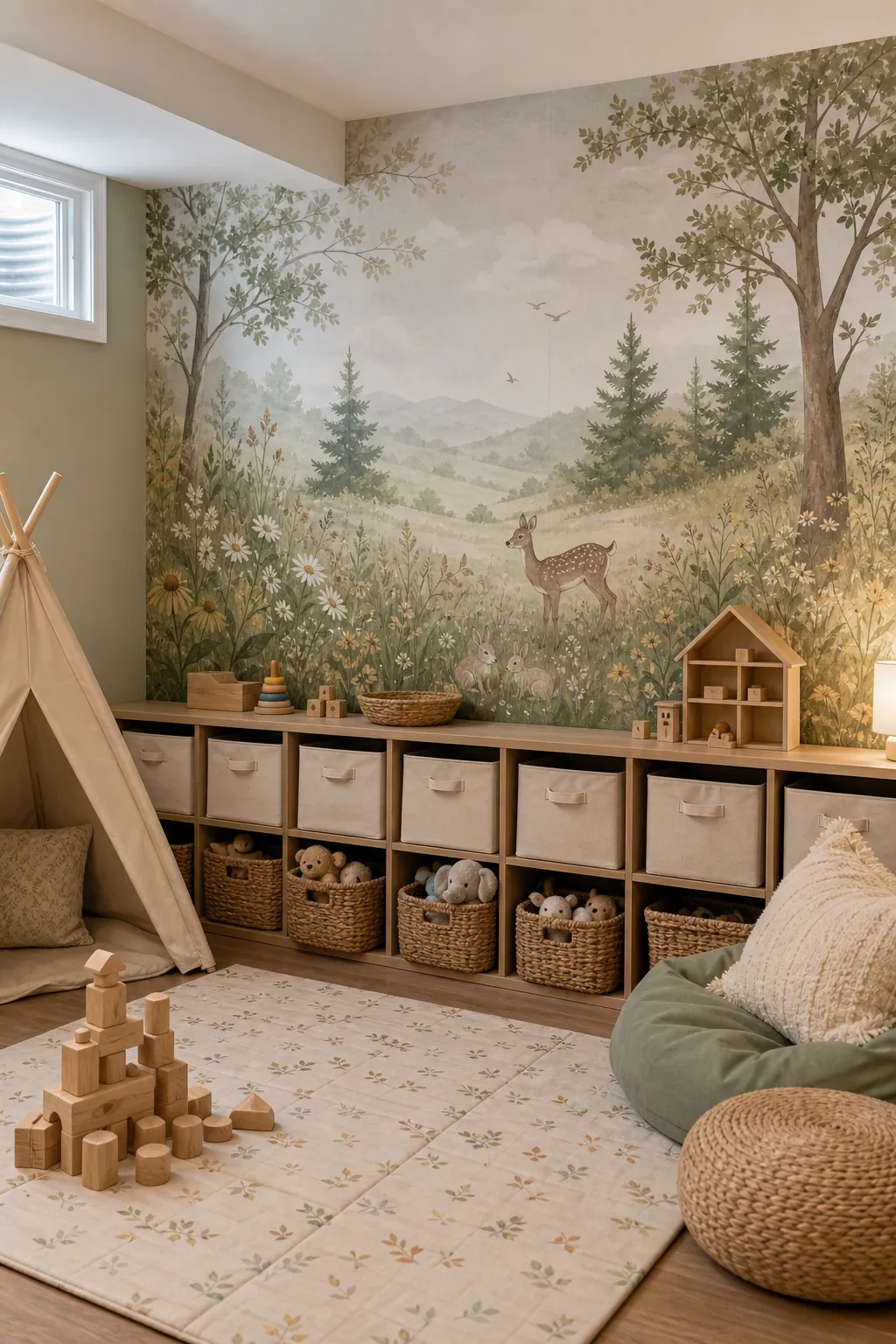 Playroom wall mural above toy storage with baskets and soft floor seating