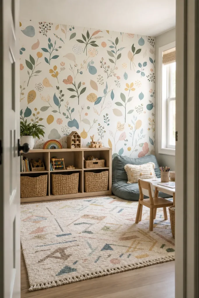 Bright family playroom with playful wallpaper, toy storage, craft table, and reading nook