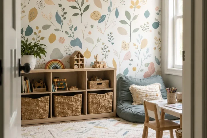 Bright family playroom with playful wallpaper, toy storage, craft table, and reading nook