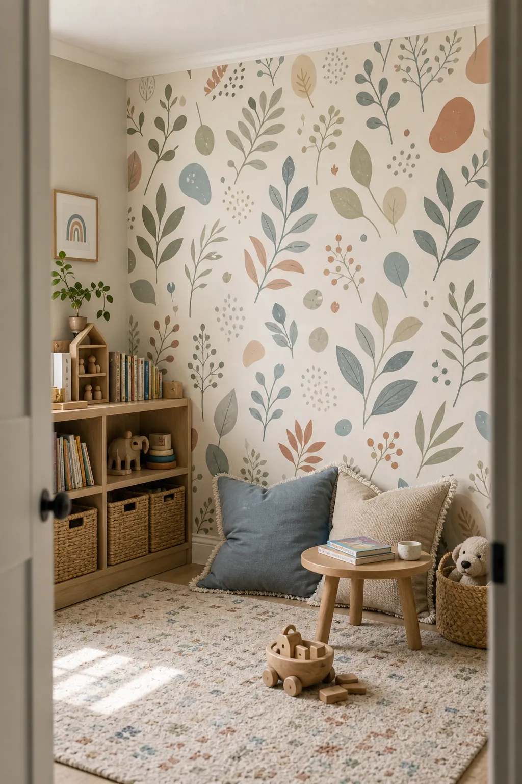 Playroom wallpaper accent wall behind a cozy kids reading nook with low shelves and cushions