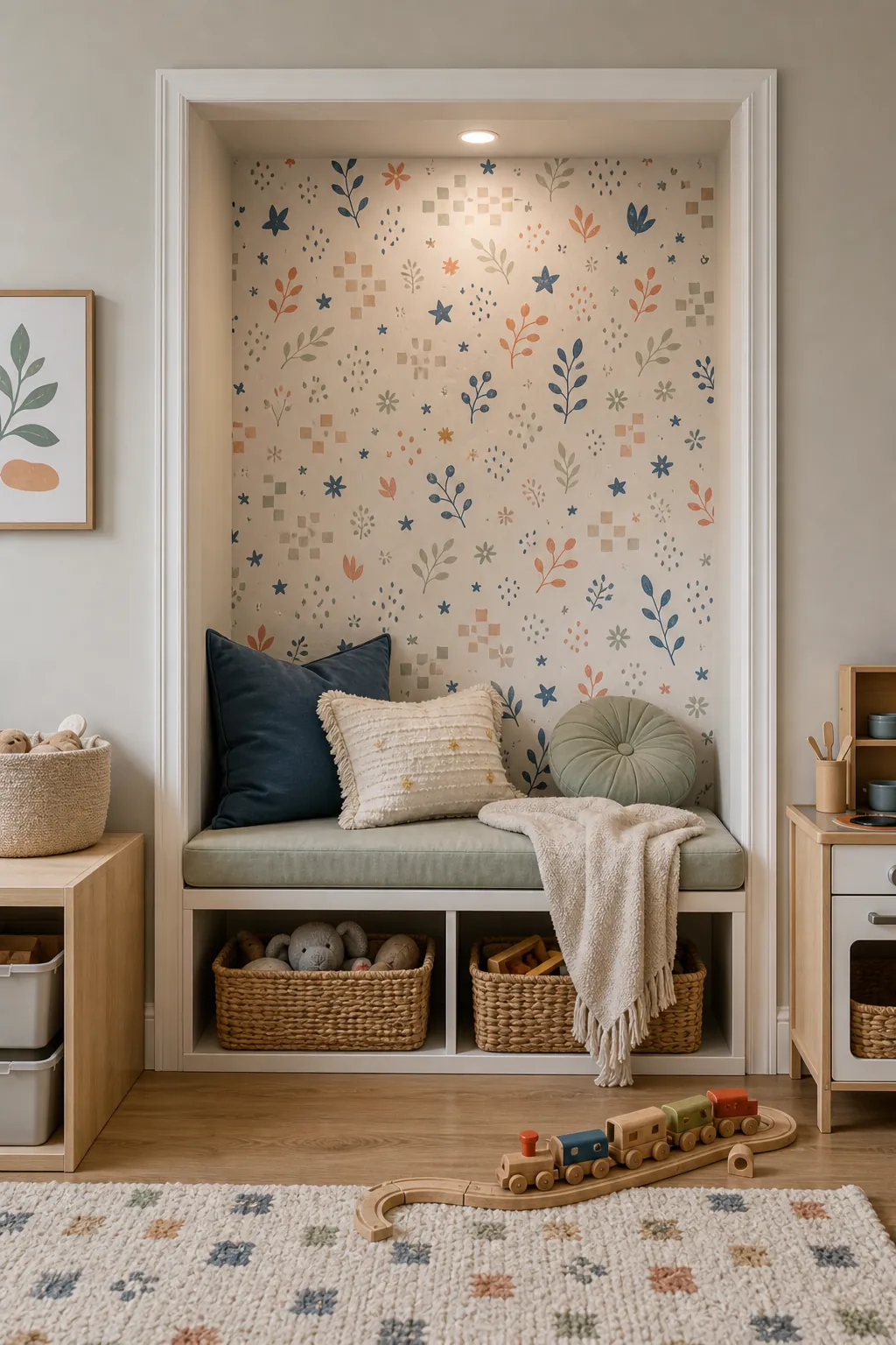 Childrens wallpaper inside a small playroom alcove with toy storage and a bench