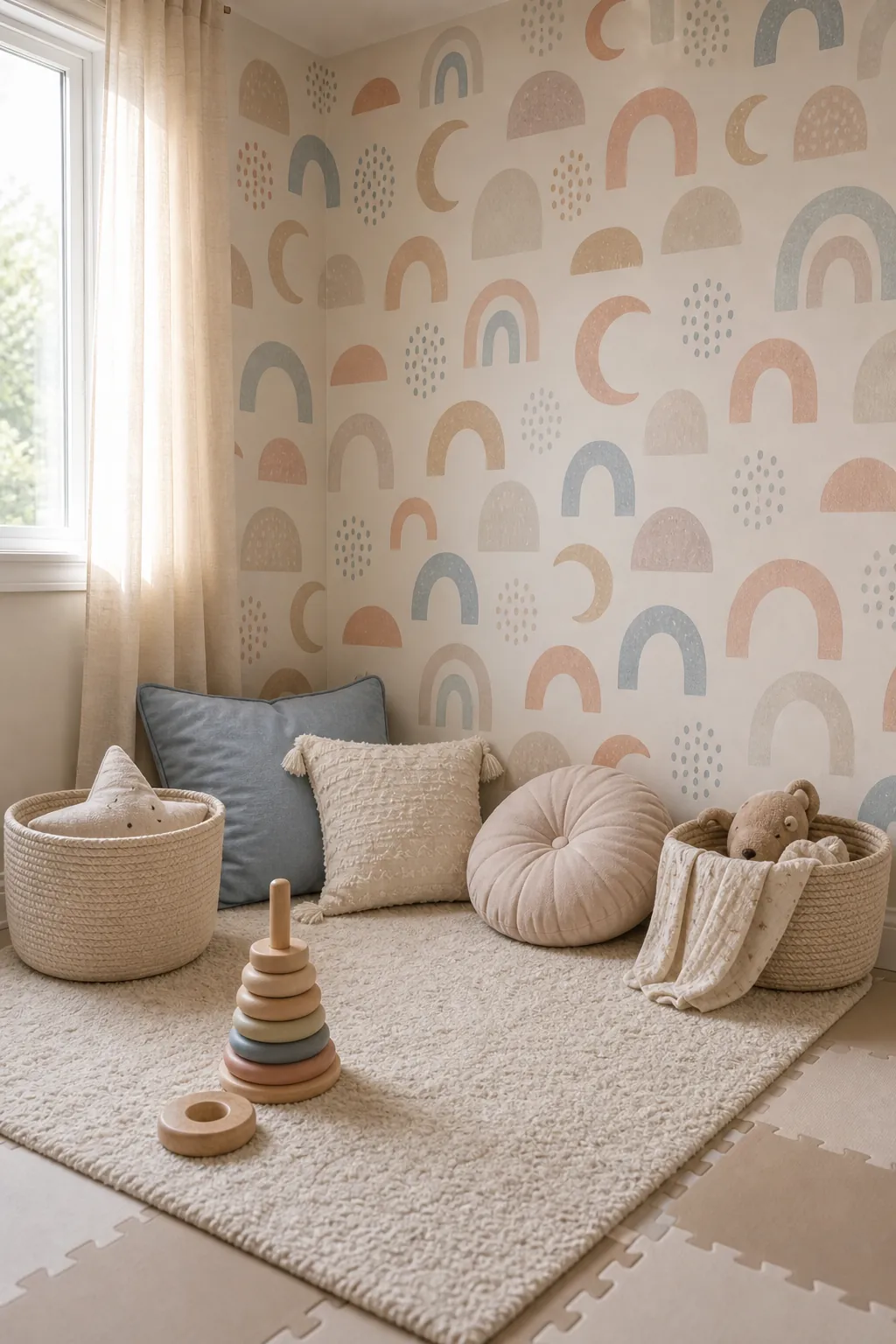 Toddler room wallpaper in a soft play corner with cushions and toy baskets