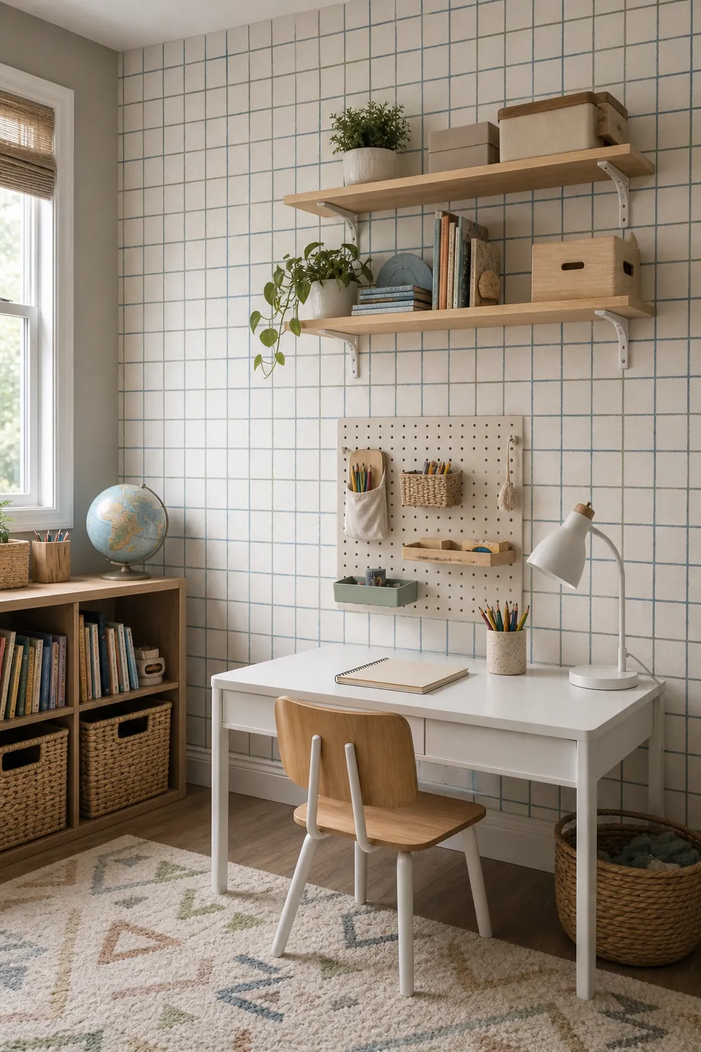 Wallpaper for kids bedroom and playroom homework zone with desk and open shelves