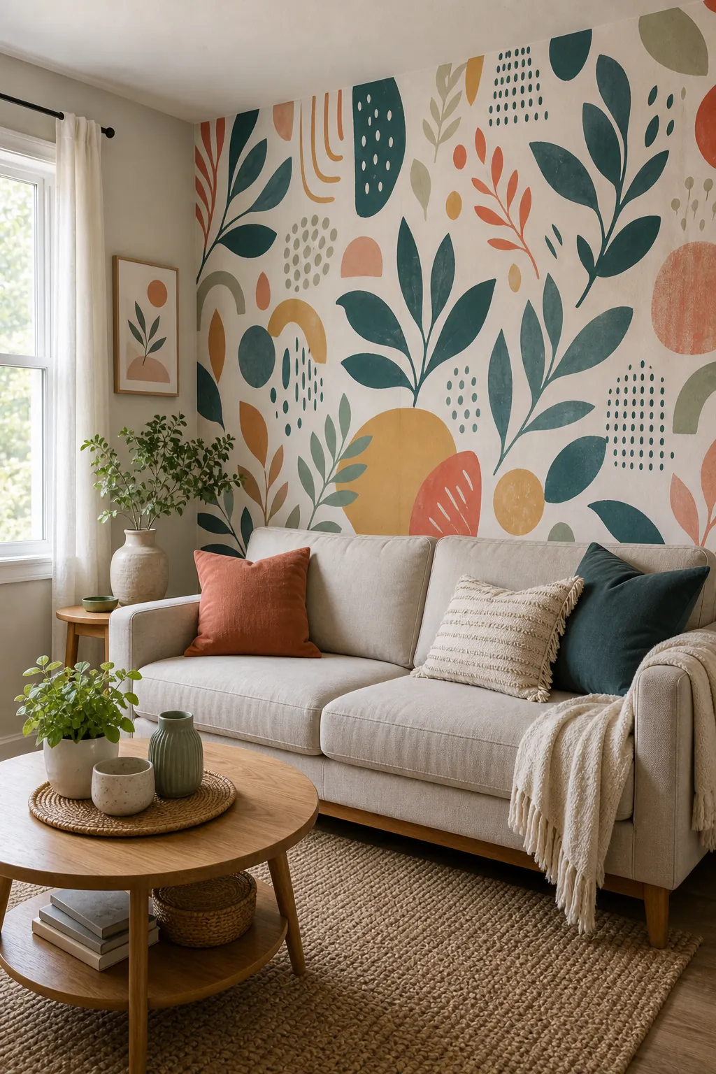 Bold wallpaper accent wall behind a sofa with simple furniture and repeated colors