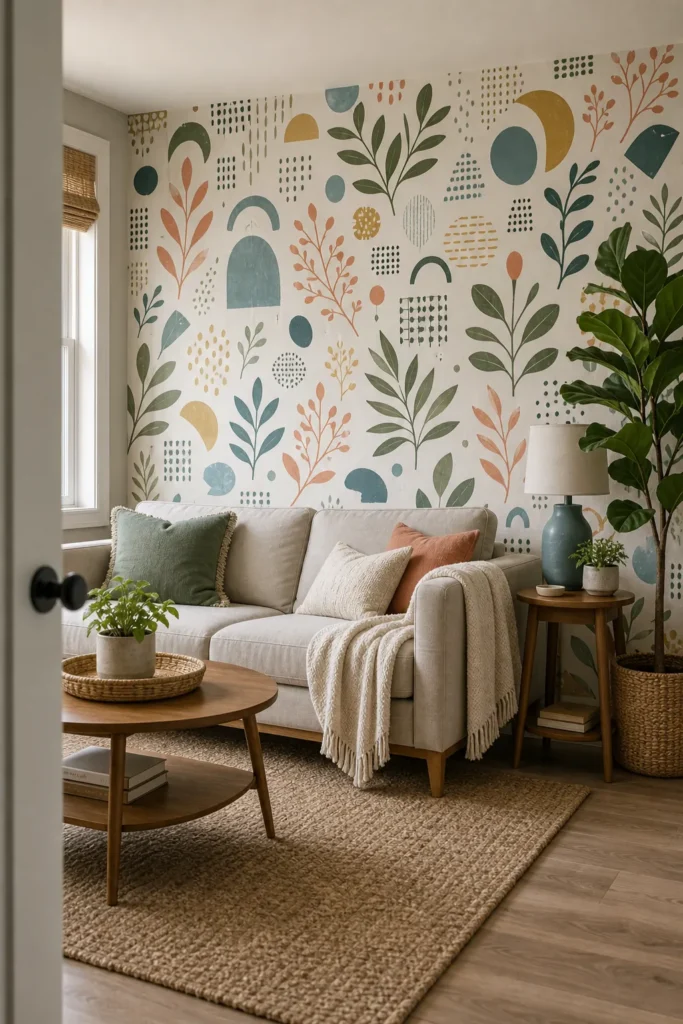 Fun wallpaper accent wall in a modern sitting area with neutral furniture and repeated accent colors
