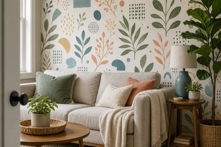 Fun wallpaper accent wall in a modern sitting area with neutral furniture and repeated accent colors