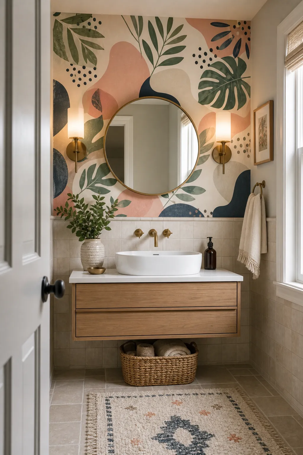 Funky bathroom wallpaper accent wall behind a vanity with brass fixtures and light tile