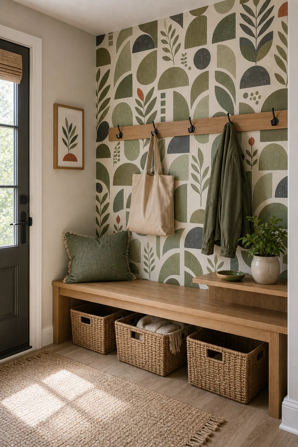Green modern wallpaper accent wall in an entryway with natural wood bench and hooks