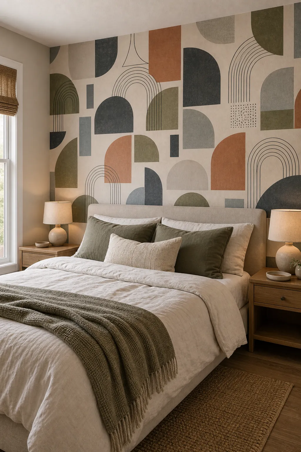 Modern geometric wallpaper accent wall behind a bed with restrained bedding and simple lamps