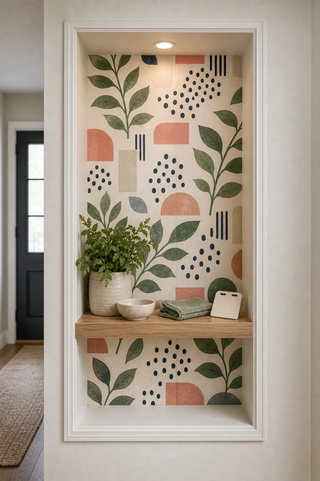 Peel and stick wallpaper sample niche with bold pattern, smooth trim, and simple shelf styling