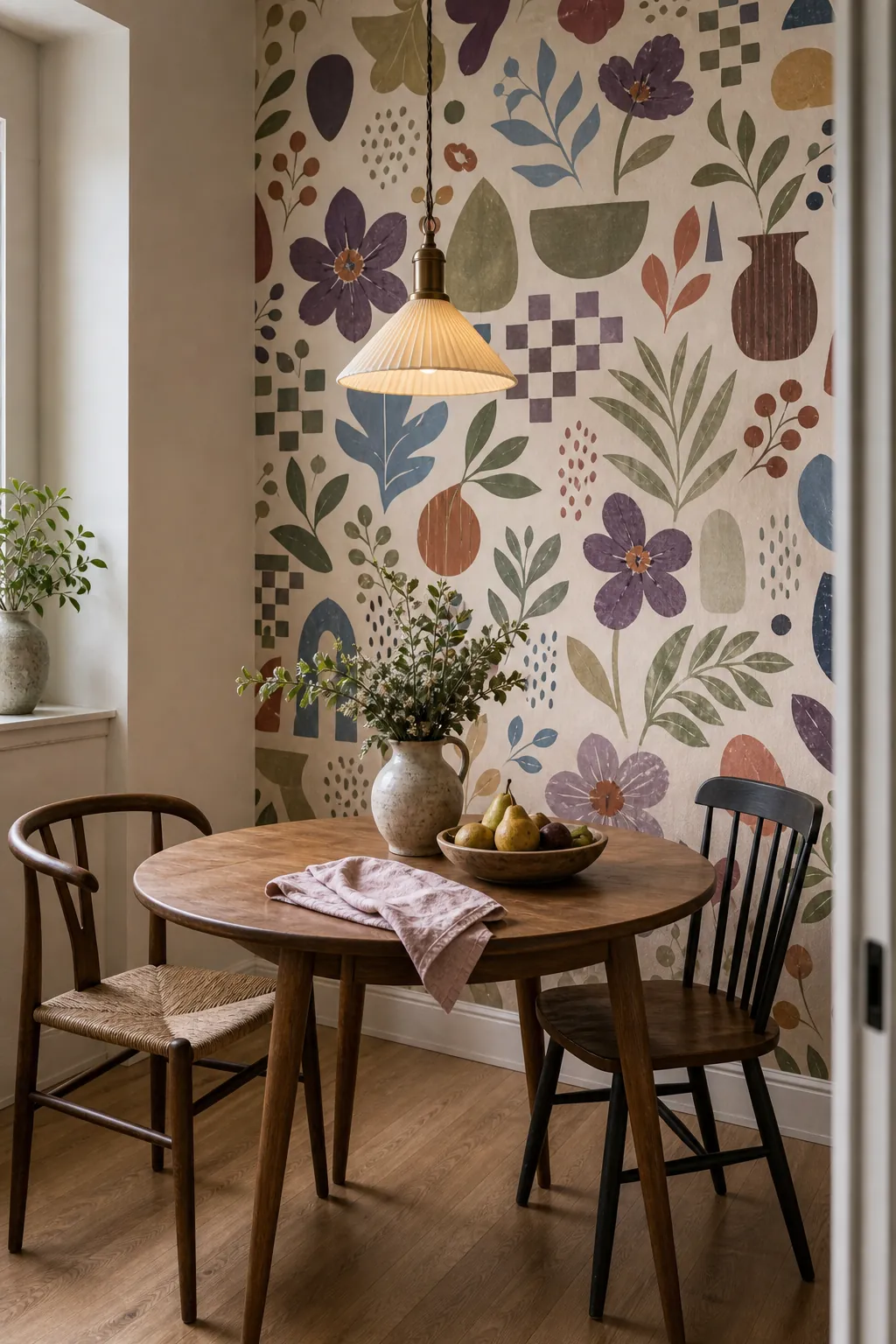 Eclectic wallpaper accent wall in a dining nook with simple chairs and vintage decor