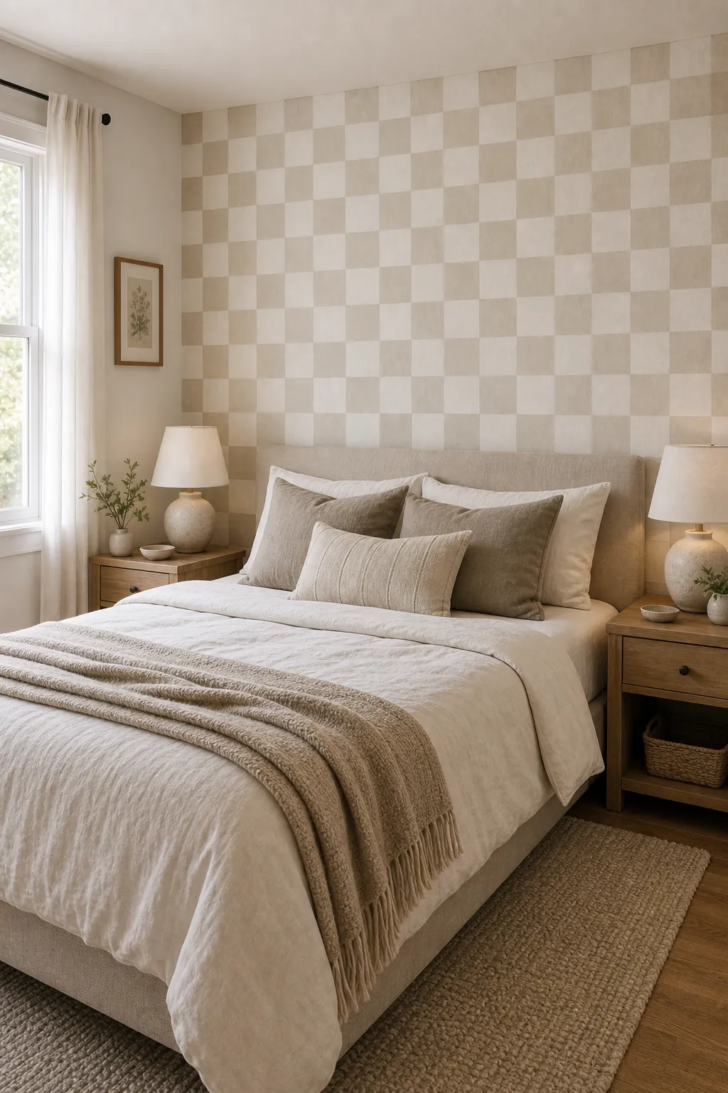 Beige checkered wallpaper bedroom accent wall behind a bed with simple linen bedding