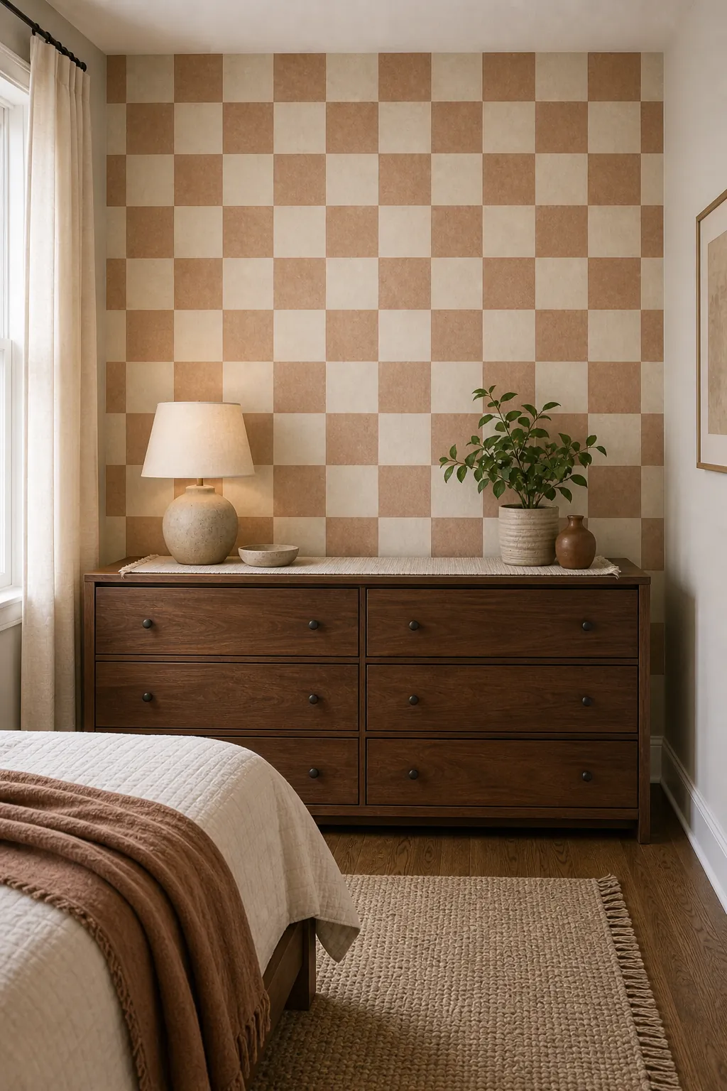 Checkered accent wall behind a bedroom dresser with solid decor and warm wood tones
