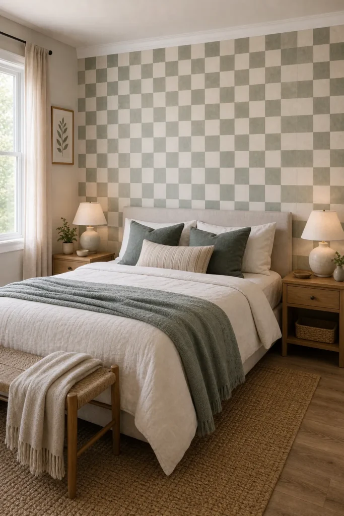 Calm checkered wallpaper bedroom with soft bedding, wood nightstands, and a checkered accent wall