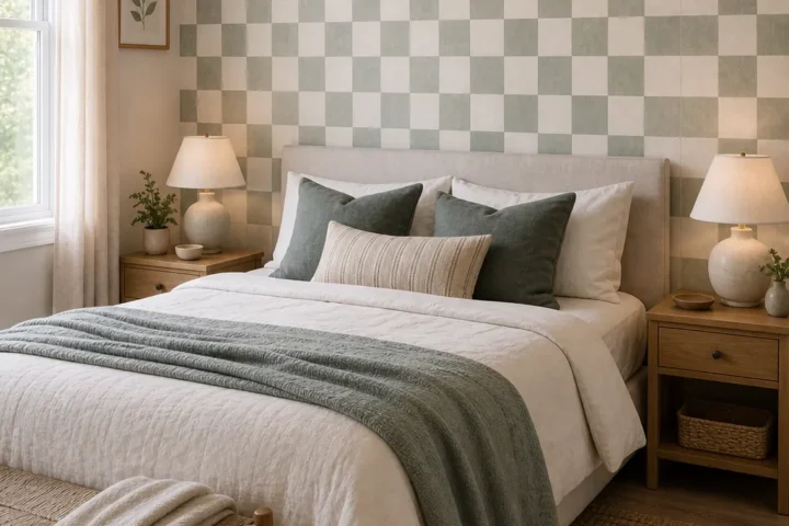 Calm checkered wallpaper bedroom with soft bedding, wood nightstands, and a checkered accent wall
