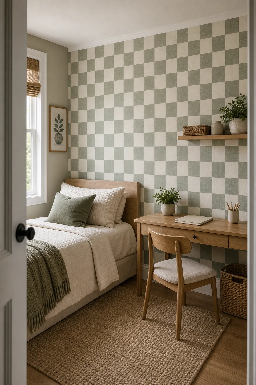 Green checkered wallpaper bedroom wall with wood desk, simple bedding, and storage baskets