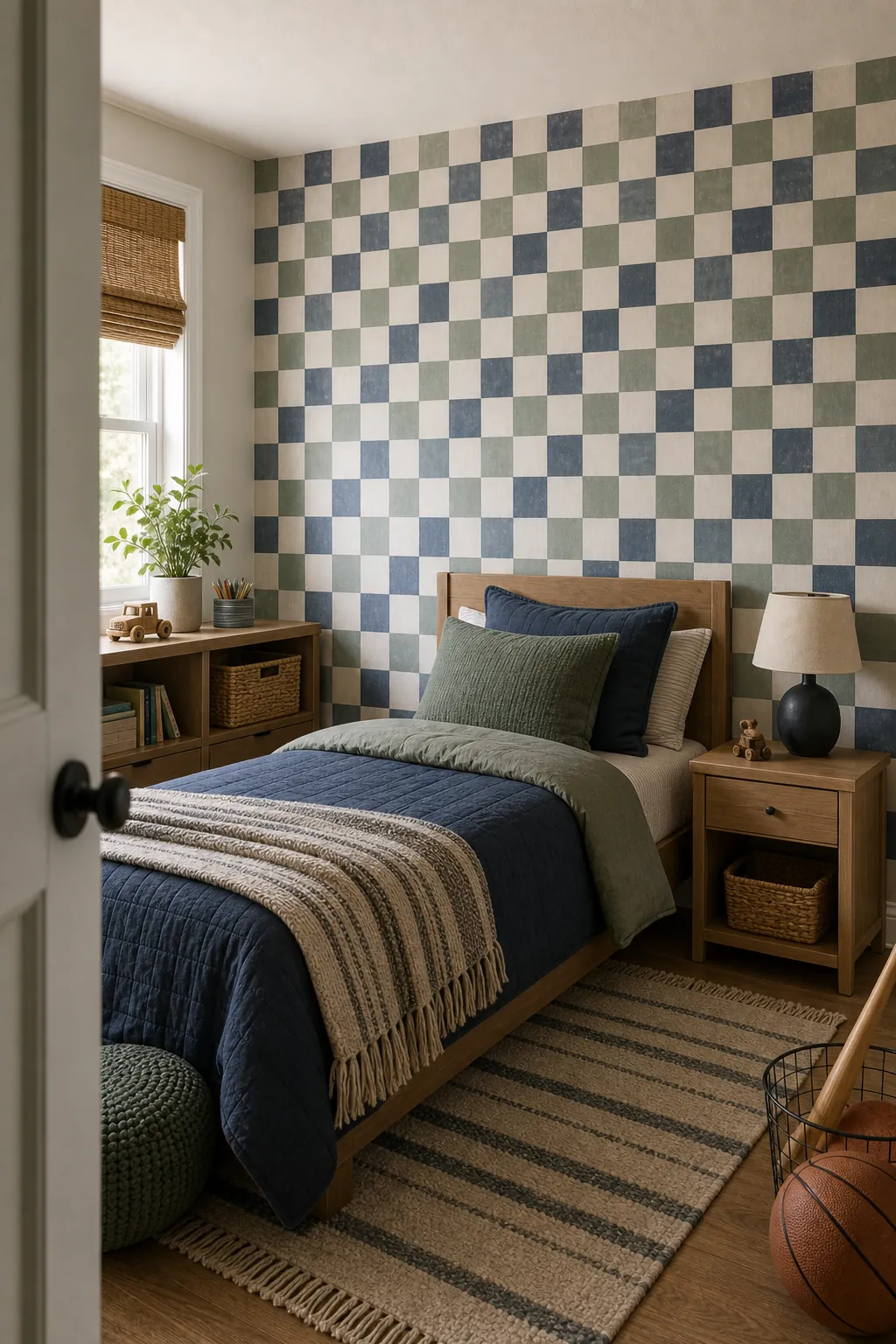Checkered boys room wallpaper with twin bed, storage, and blue green bedding