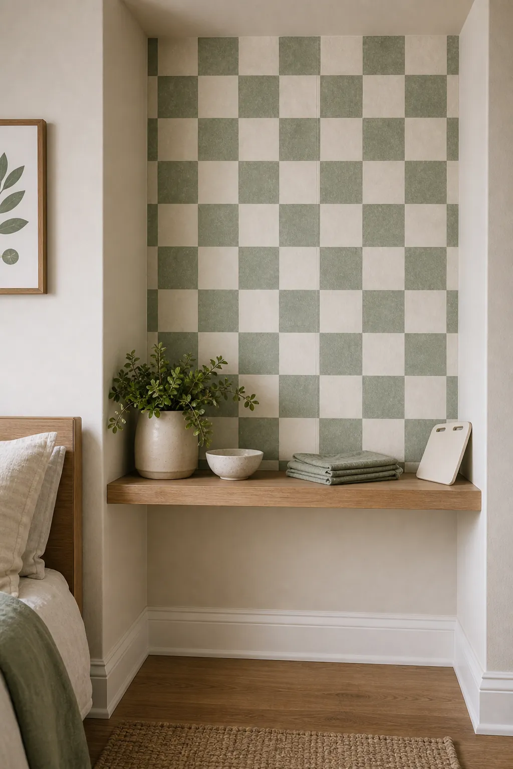 Checkered wallpaper sample panel in a bedroom nook showing scale and seam alignment
