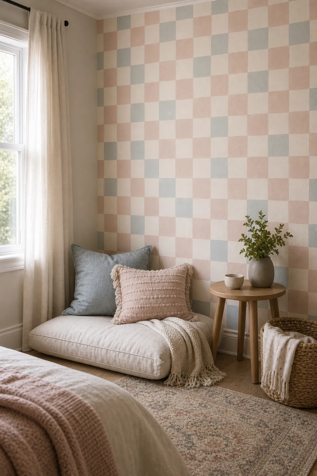 Cute checkered wallpaper bedroom reading corner with floor cushion and soft pastel palette