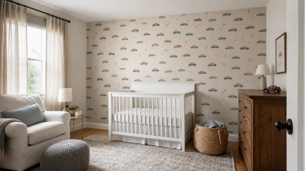 Car wallpaper nursery with a calm vintage vehicle accent wall, white crib, and warm wood furniture