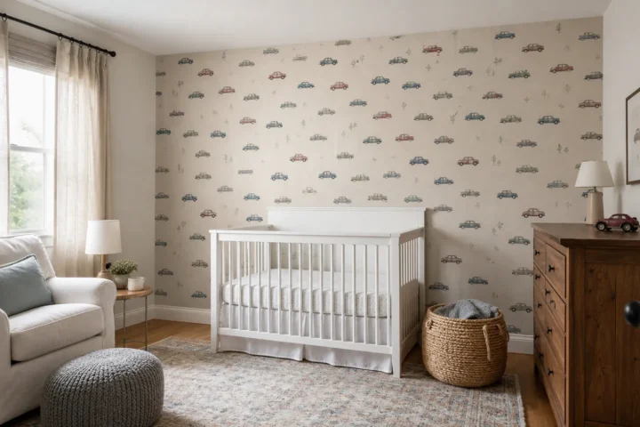 Car wallpaper nursery with a calm vintage vehicle accent wall, white crib, and warm wood furniture