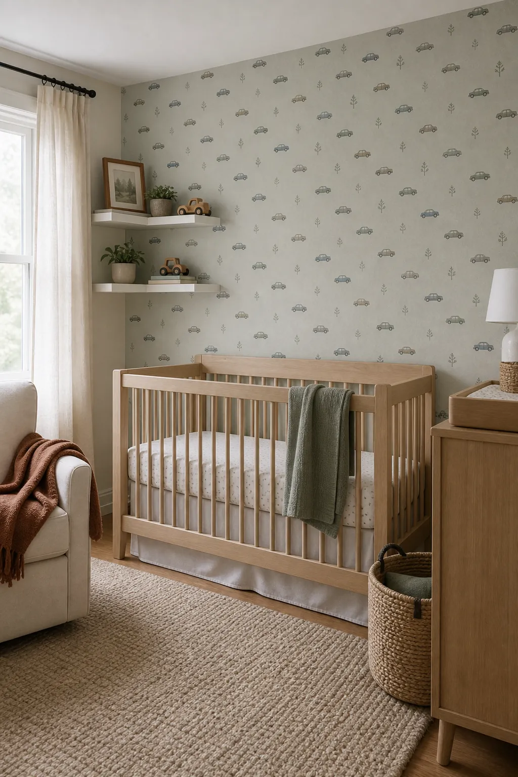 Gender neutral nursery wallpaper with small cars, soft colors, and natural textures
