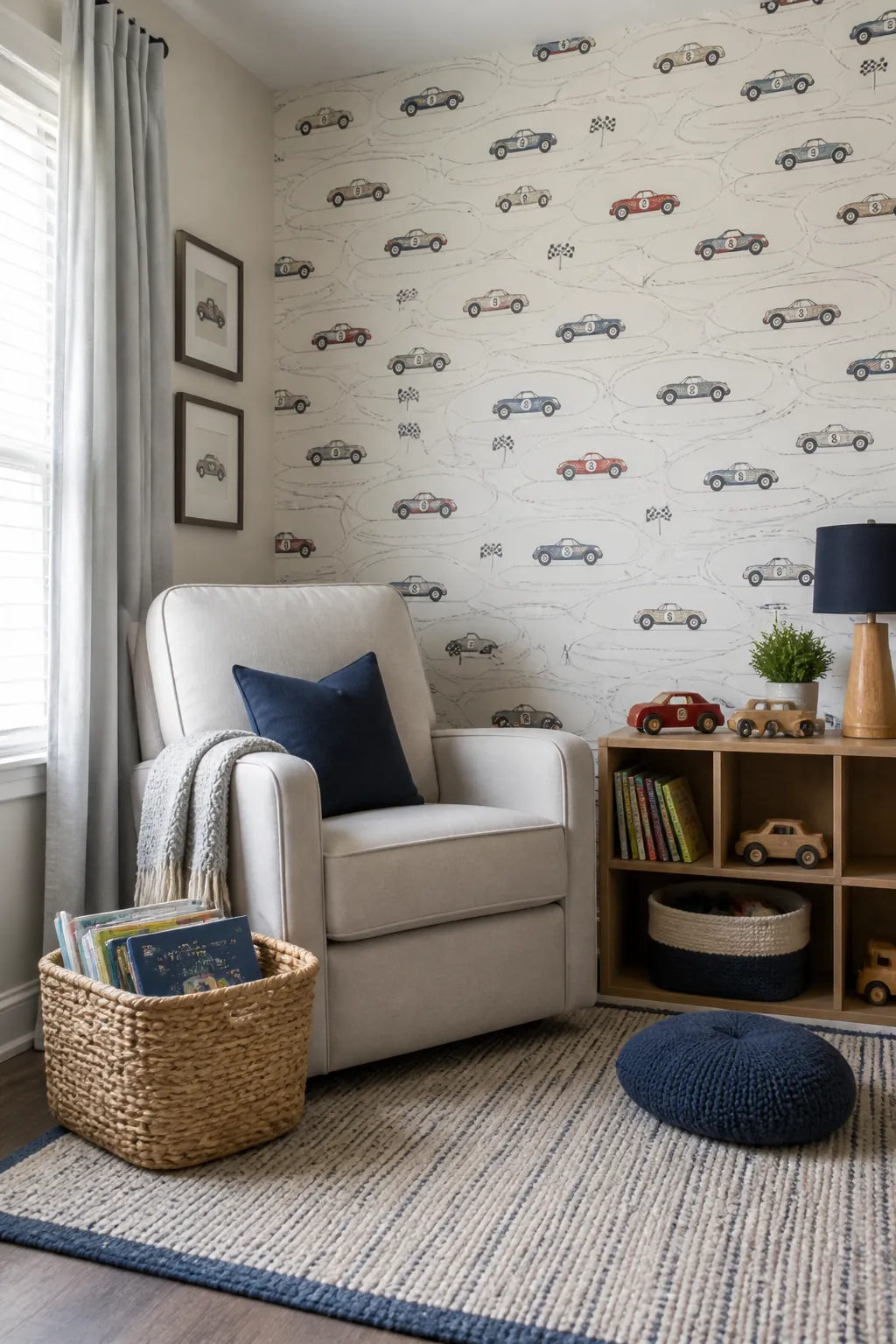 Race car nursery wallpaper reading corner with bold pattern balanced by simple furniture